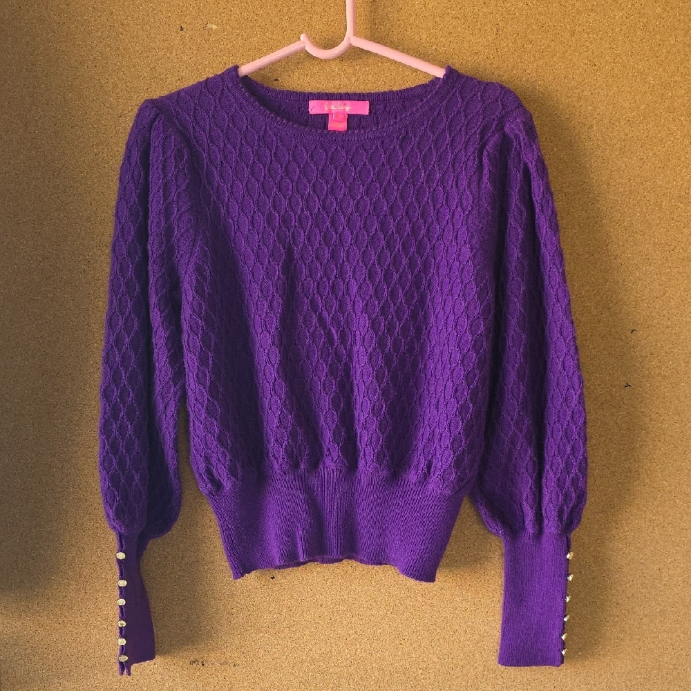 Lilly Pulitzer Purple Textured Knit Sweater M Button Cuff Pullover Crewneck